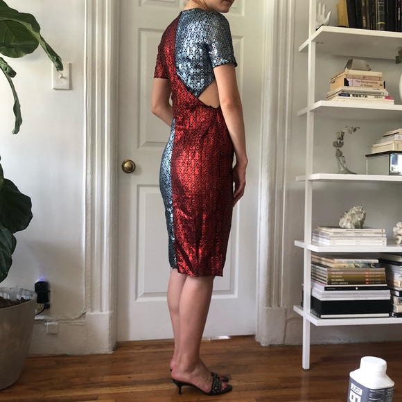 Marco De Vincenzo *CUSTOM DESIGNER* RUNWAY Red Blue Metallic Midi Cocktail Dress - Picture 10 of 16